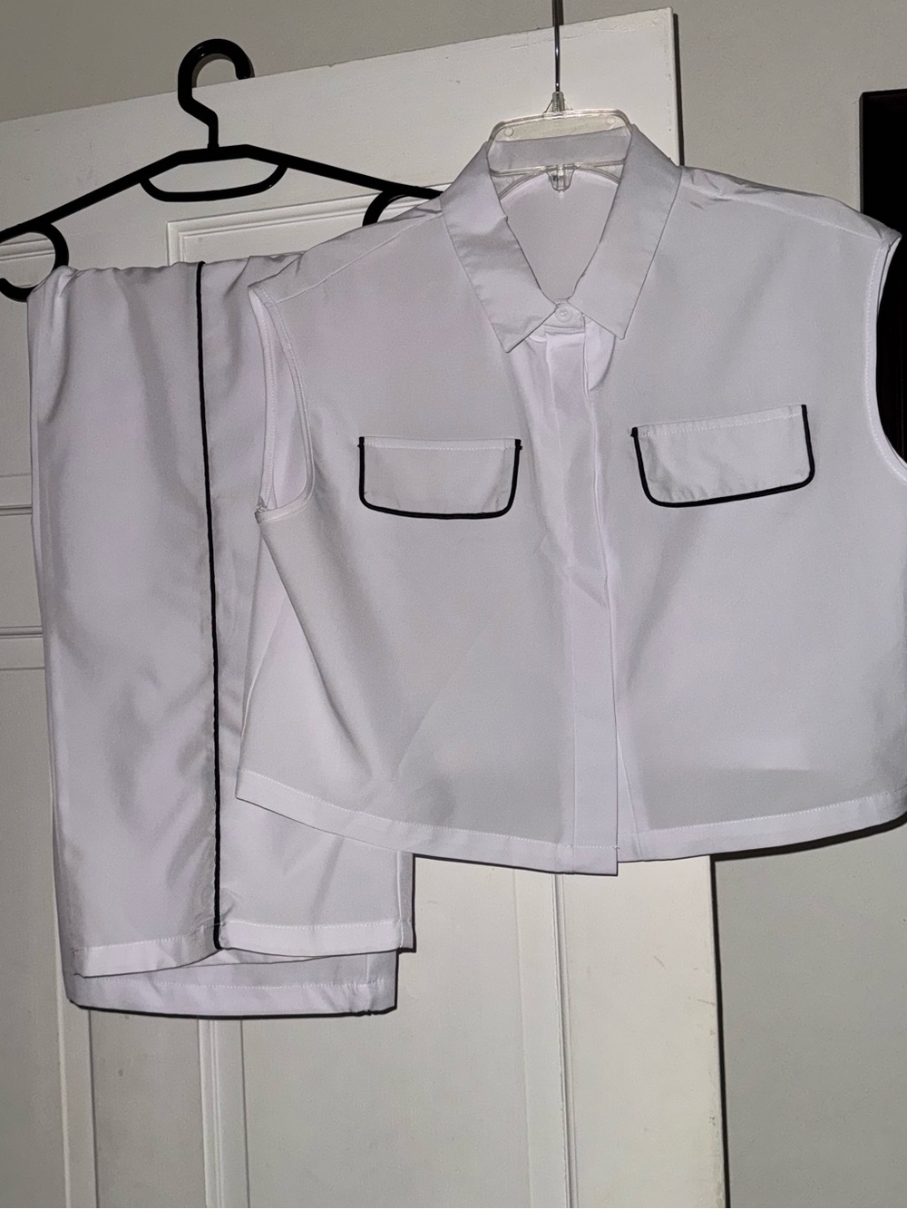 SHEIN White Sleeveless Crop Top & Matching Straight Leg Pants with Black Trim